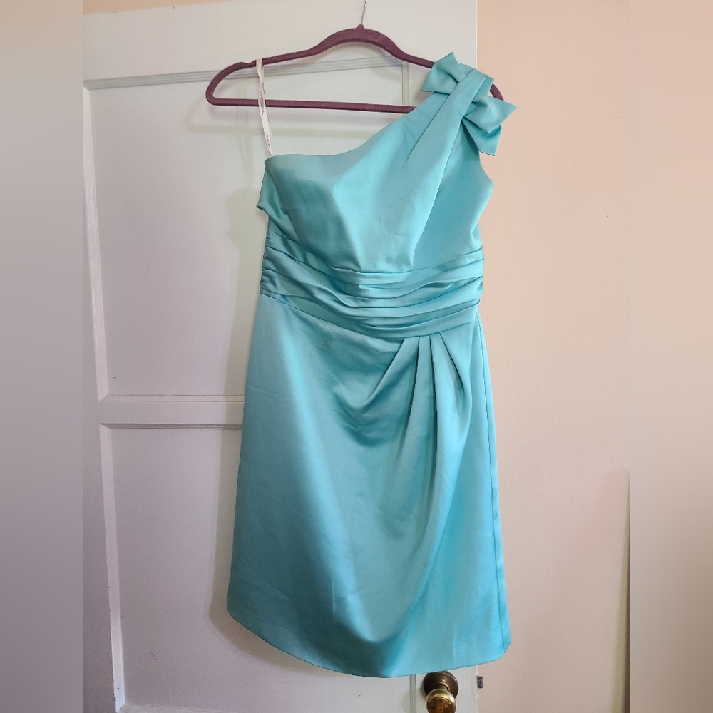 David's Bridal One-Shoulder Aqua Dress